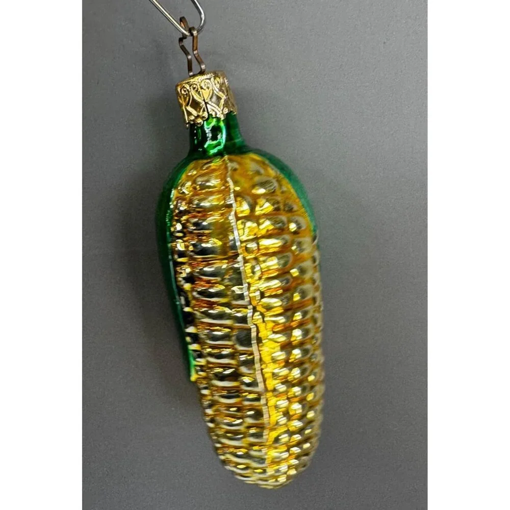 Inge Glass Style Blown Glass Corn Ornament Green & Gold 4" Vintage German - Picture 5 of 6
